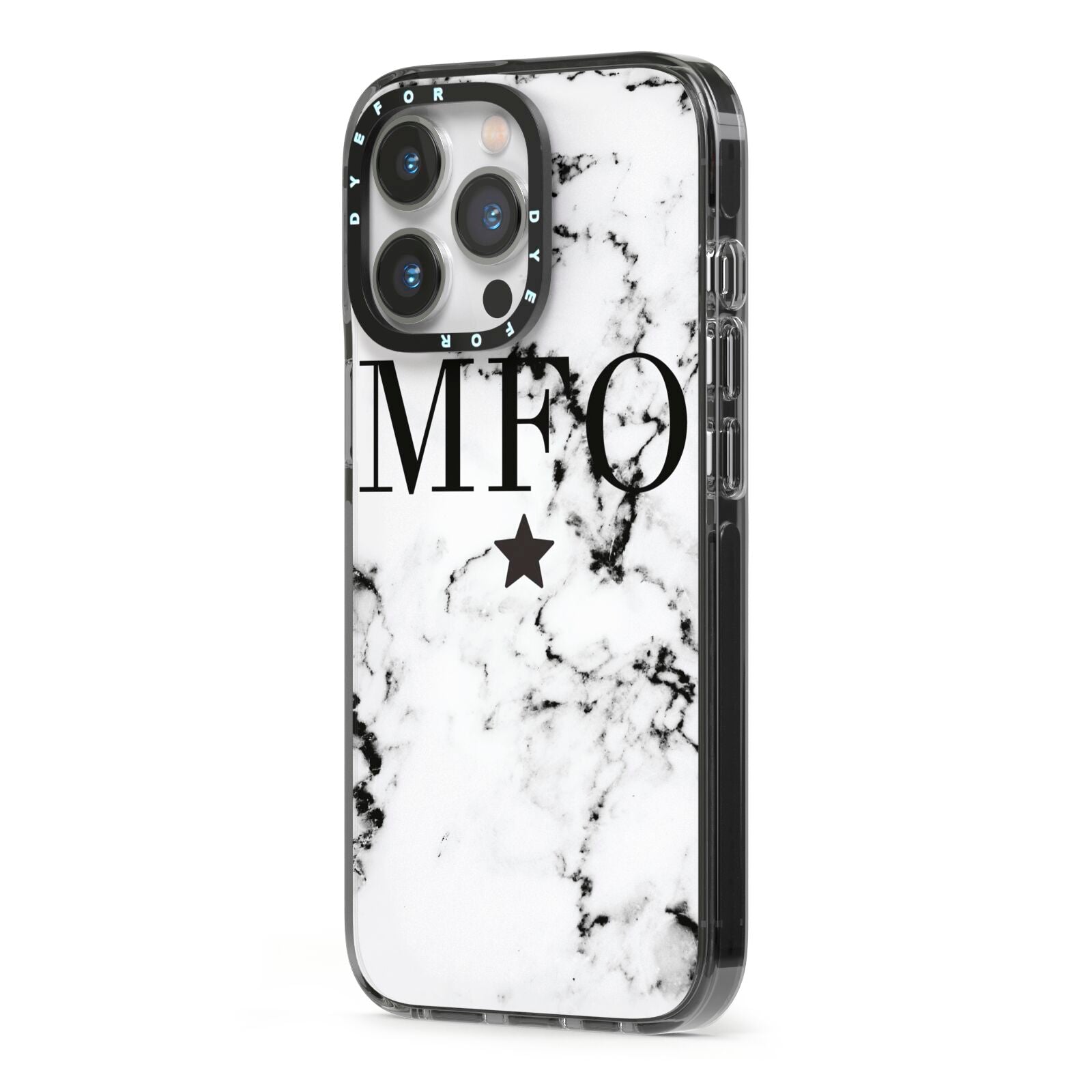 Marble Star Personalised Initials iPhone 13 Pro Black Impact Case Side Angle on Silver phone