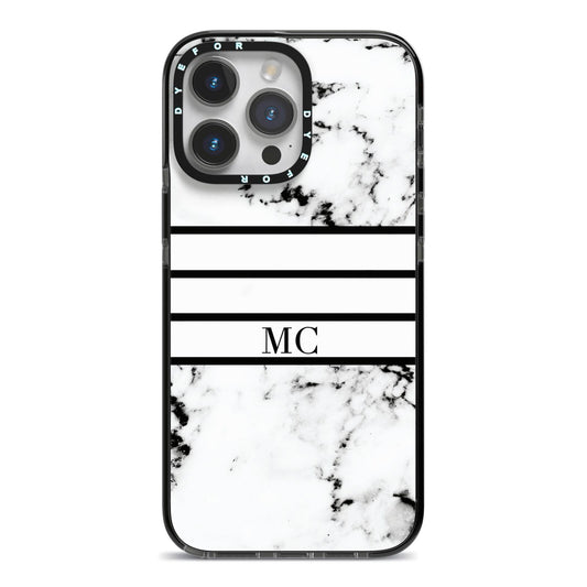 Marble Stripes Initials Personalised iPhone 14 Pro Max Black Impact Case on Silver phone