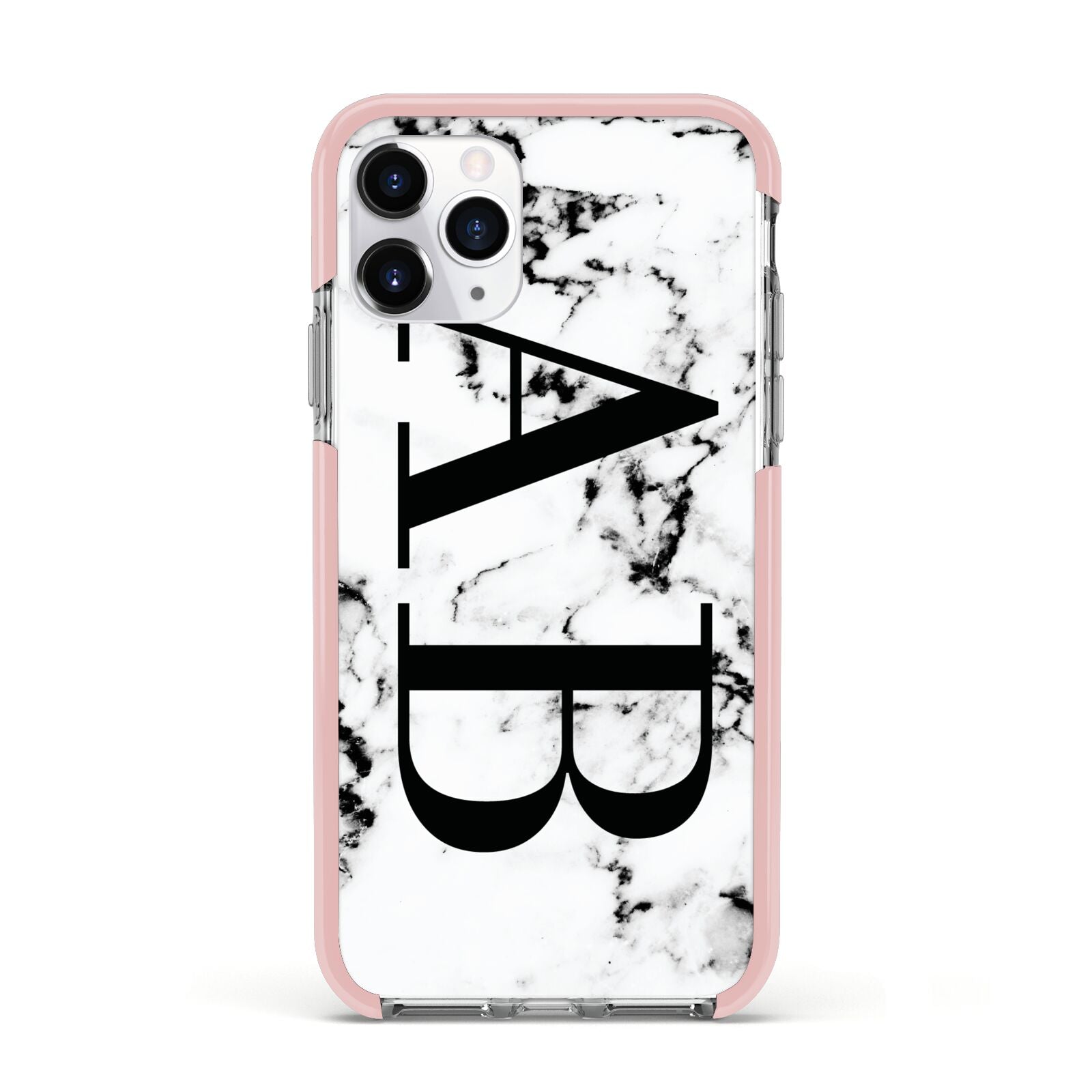 Marble Vertical Initials Personalised Apple iPhone 11 Pro in Silver with Pink Impact Case