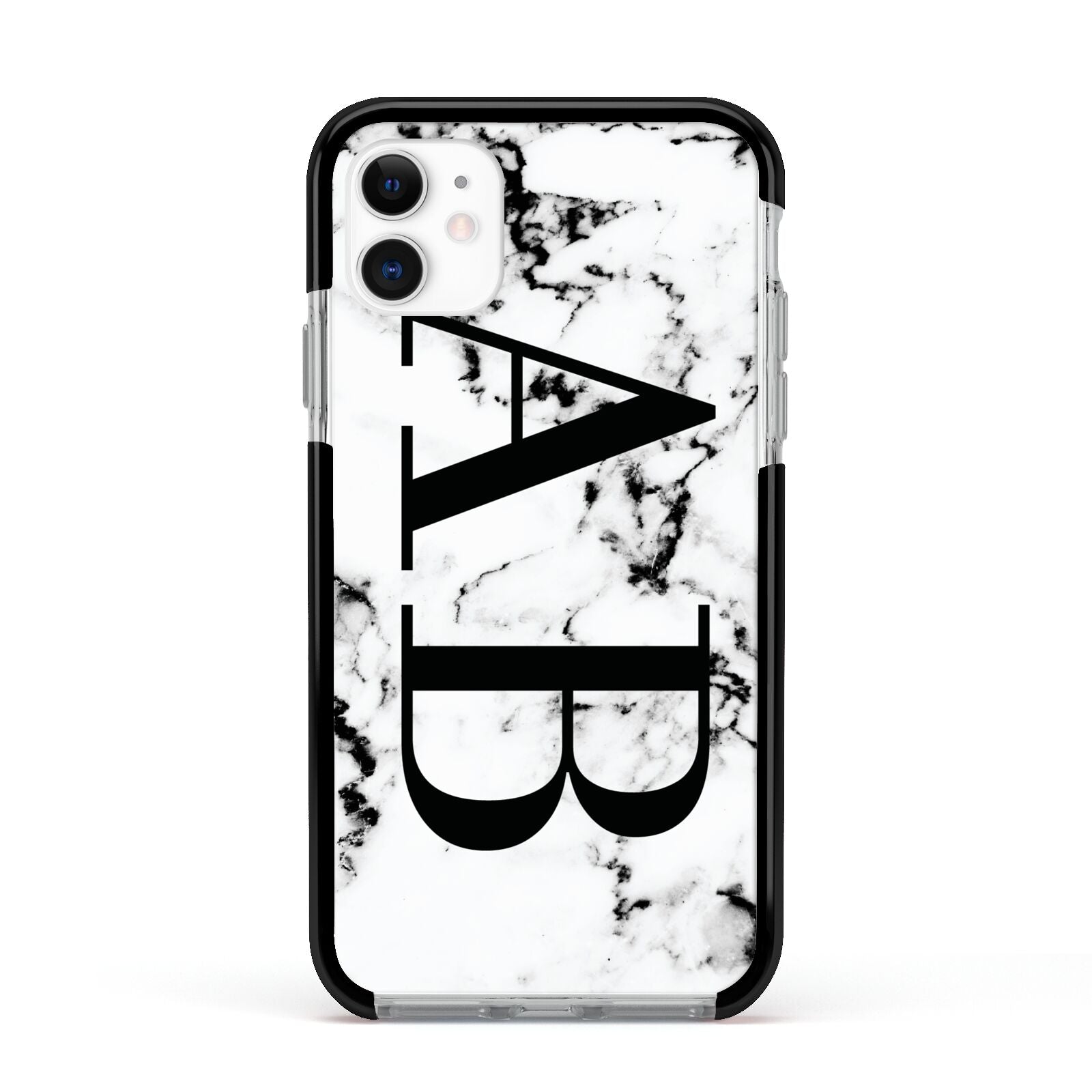 Marble Vertical Initials Personalised Apple iPhone 11 in White with Black Impact Case