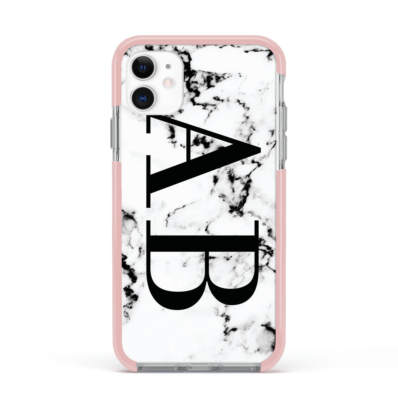 Marble Vertical Initials Personalised Apple iPhone 11 in White with Pink Impact Case