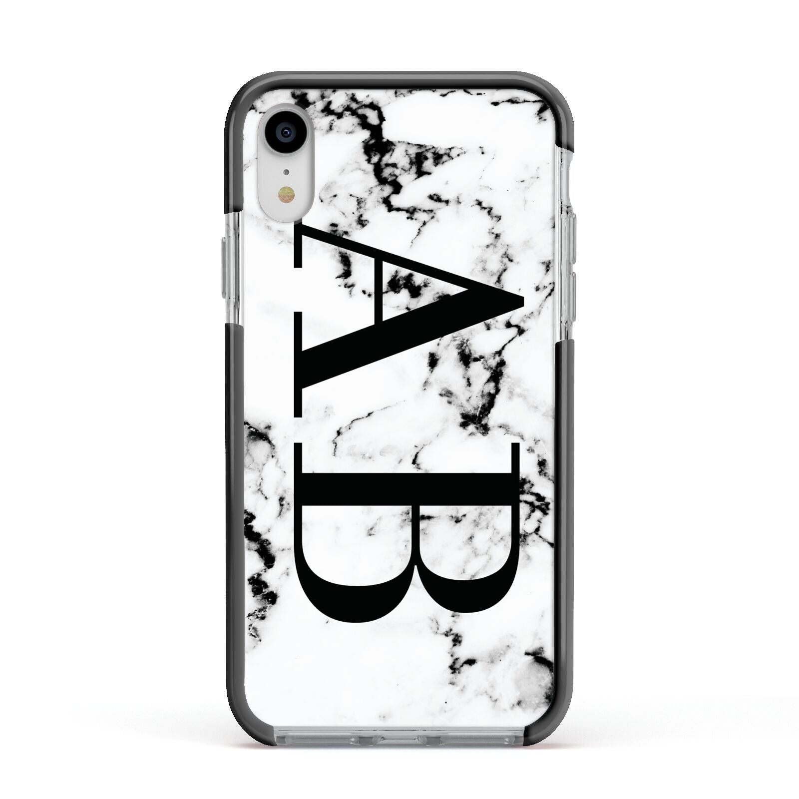 Marble Vertical Initials Personalised Apple iPhone XR Impact Case Black Edge on Silver Phone