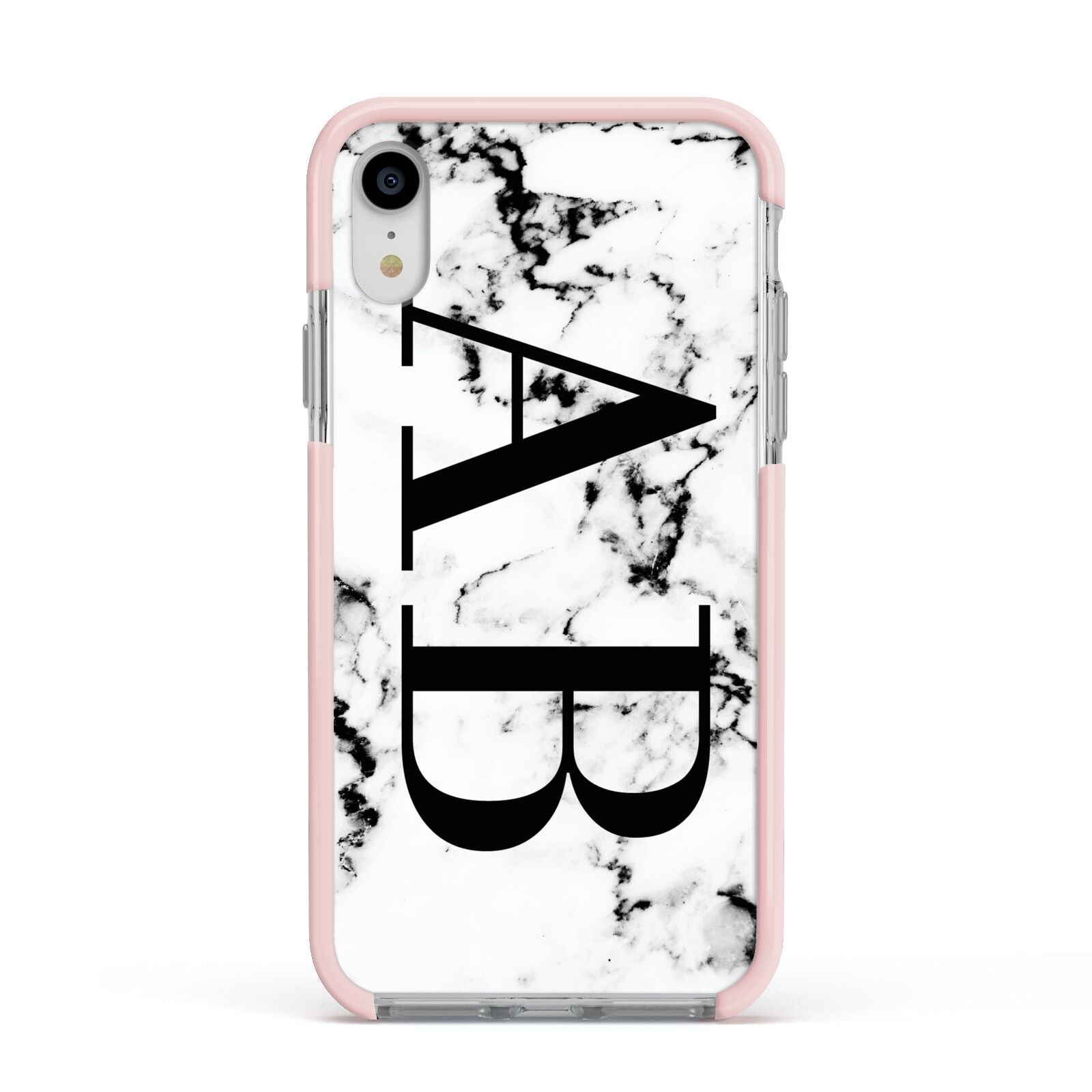 Marble Vertical Initials Personalised Apple iPhone XR Impact Case Pink Edge on Silver Phone
