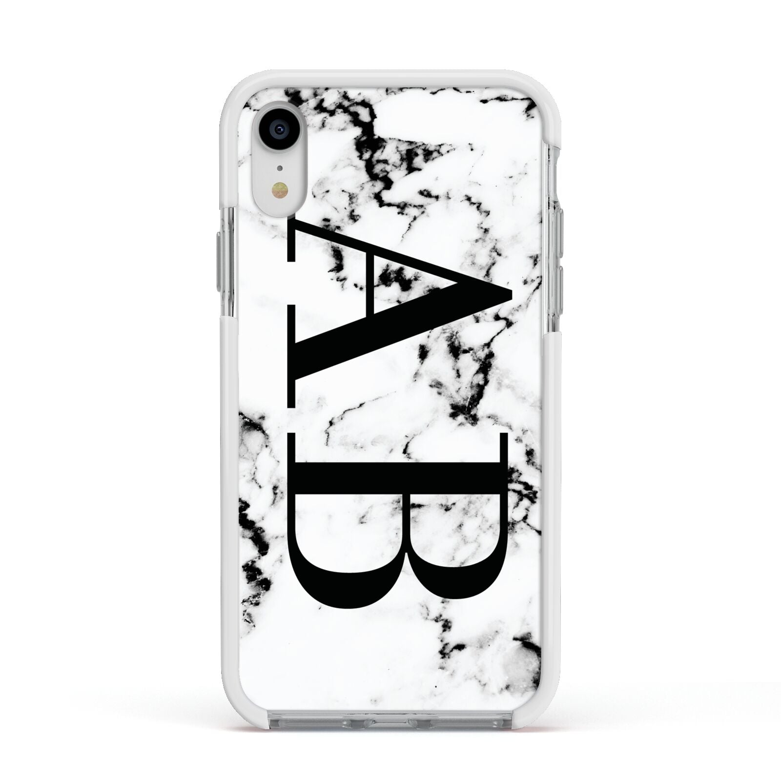 Marble Vertical Initials Personalised Apple iPhone XR Impact Case White Edge on Silver Phone
