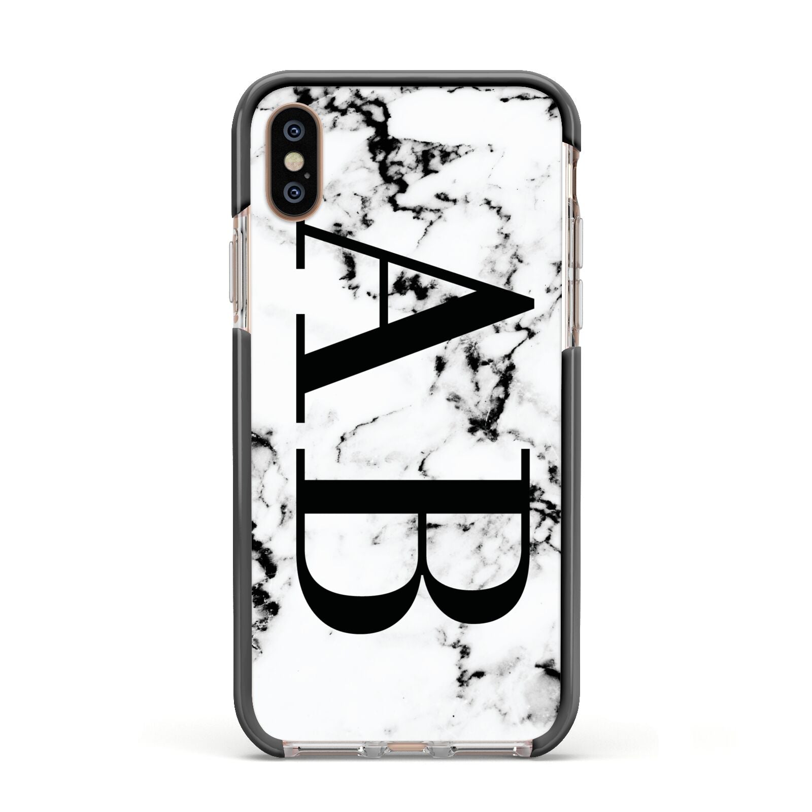 Marble Vertical Initials Personalised Apple iPhone Xs Impact Case Black Edge on Gold Phone