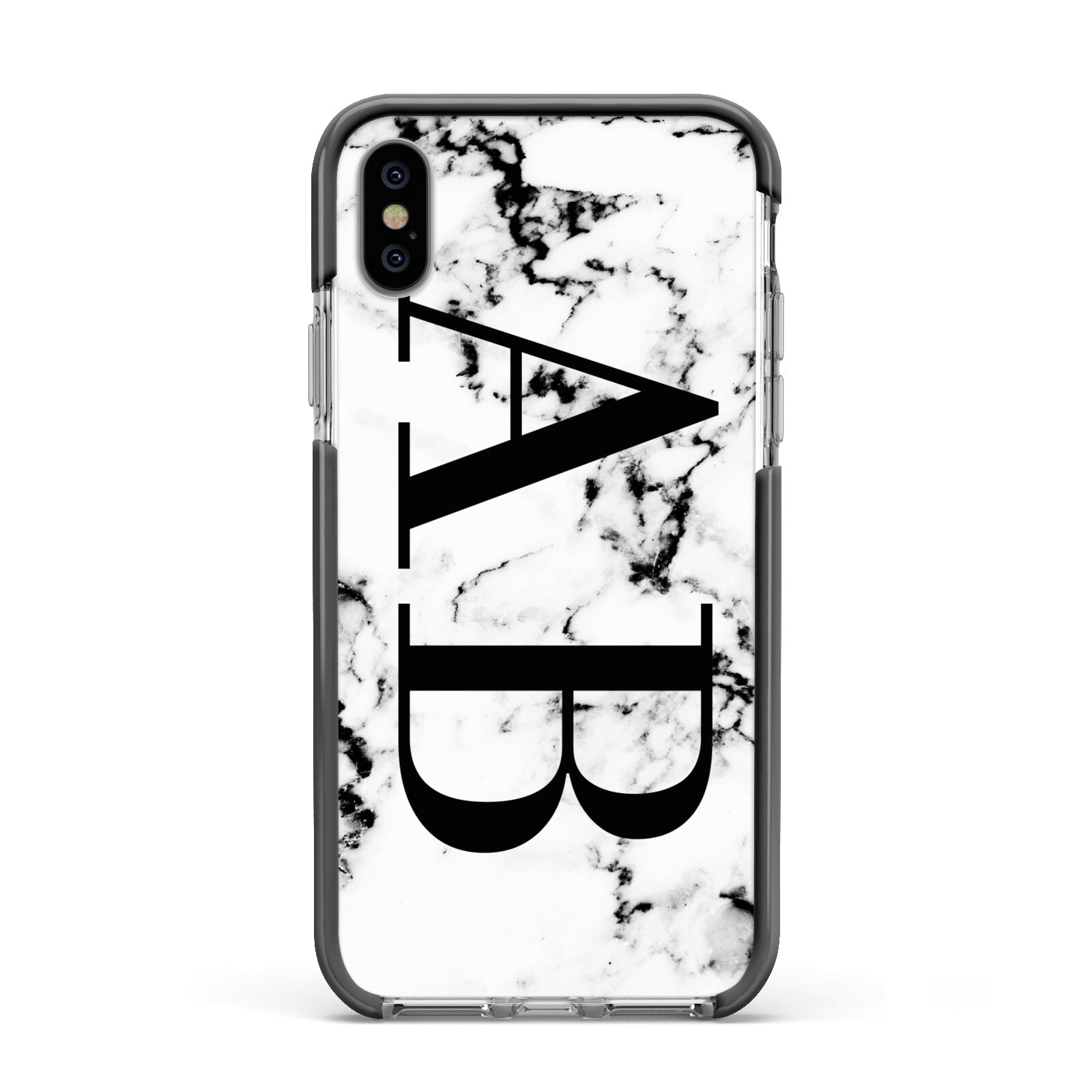 Marble Vertical Initials Personalised Apple iPhone Xs Impact Case Black Edge on Silver Phone