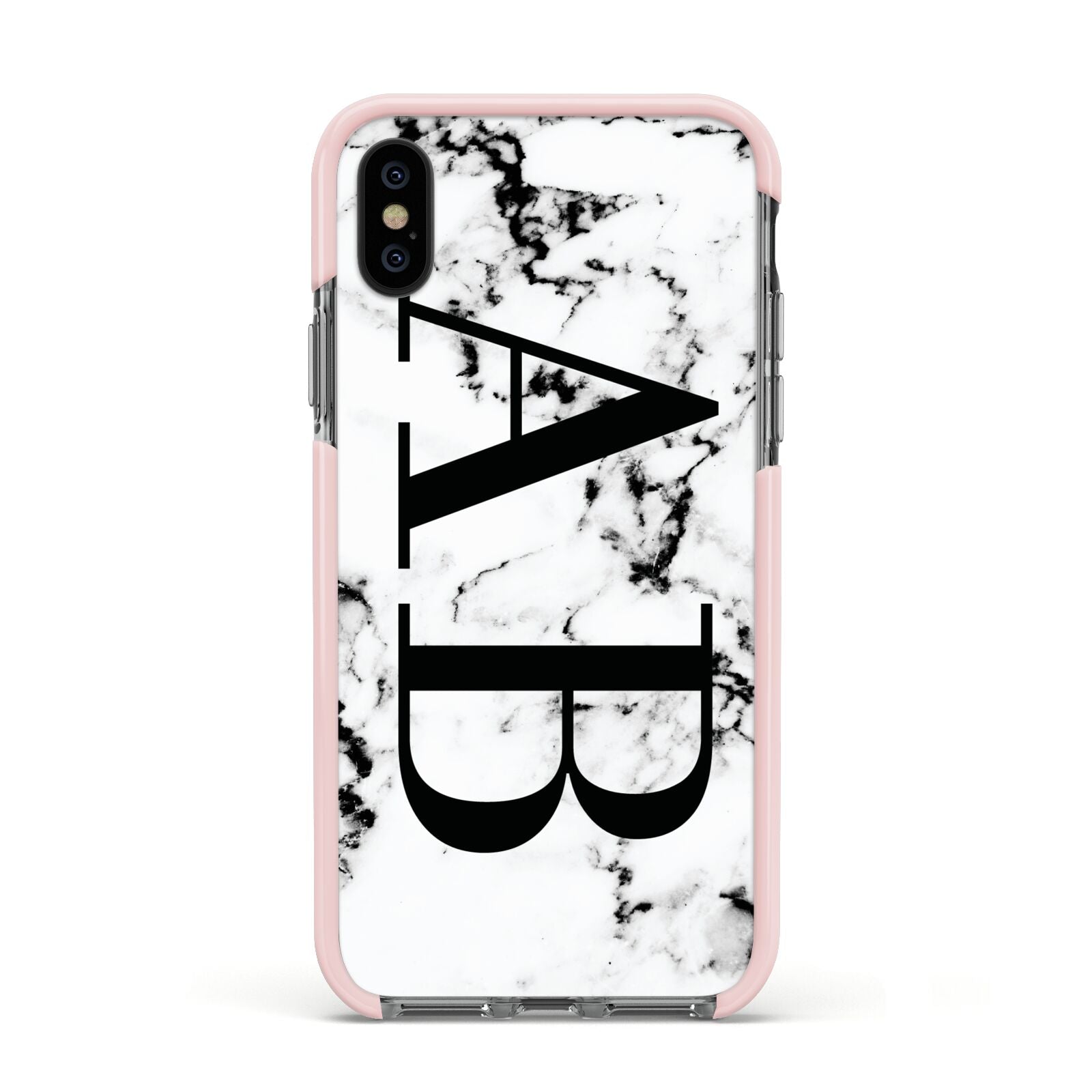 Marble Vertical Initials Personalised Apple iPhone Xs Impact Case Pink Edge on Black Phone