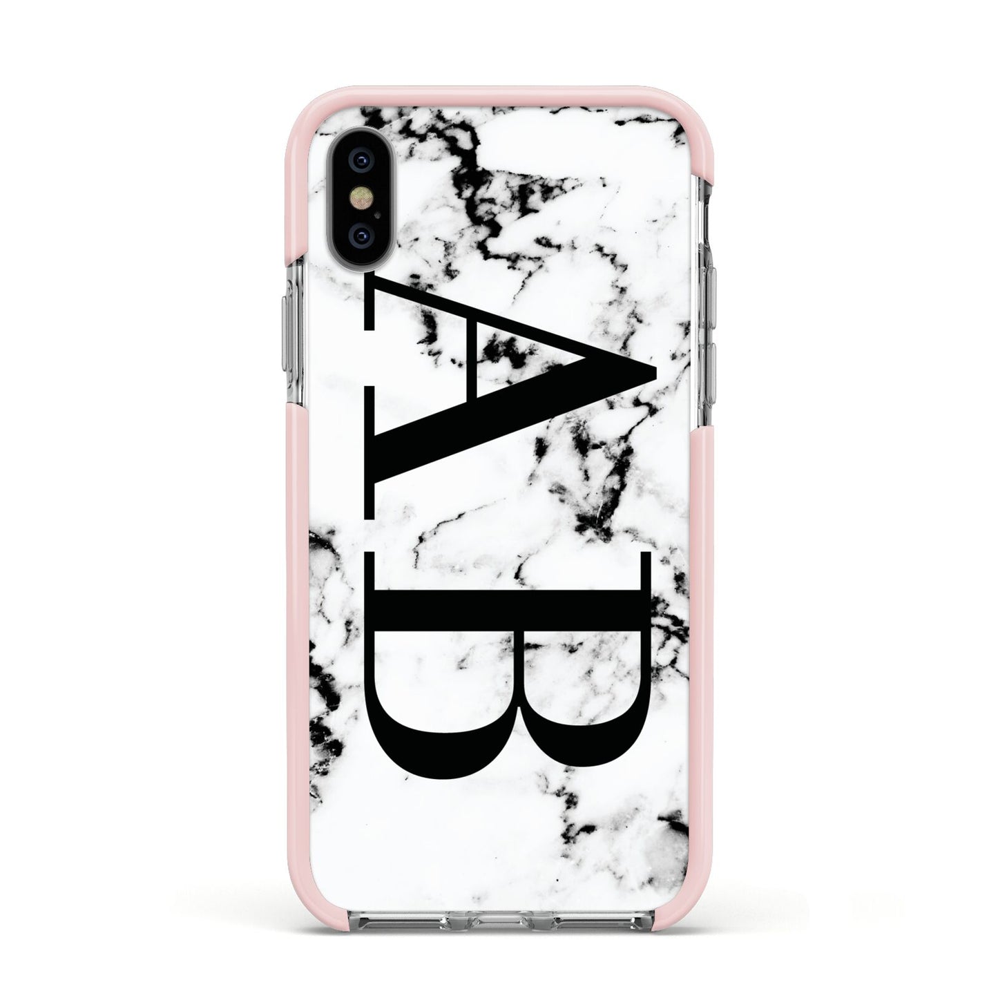 Marble Vertical Initials Personalised Apple iPhone Xs Impact Case Pink Edge on Silver Phone