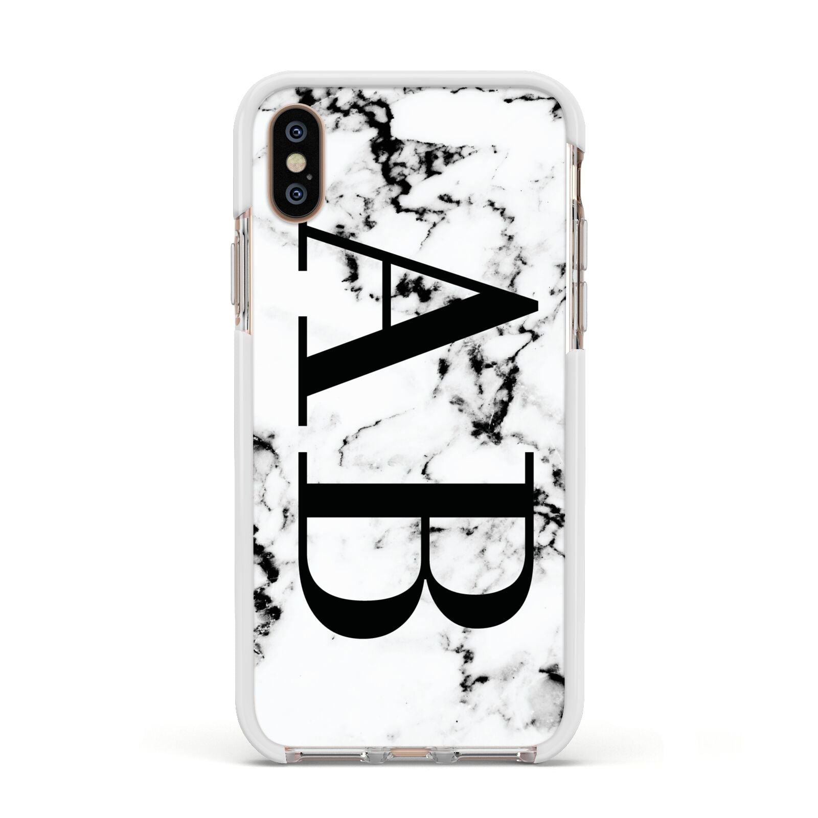 Marble Vertical Initials Personalised Apple iPhone Xs Impact Case White Edge on Gold Phone