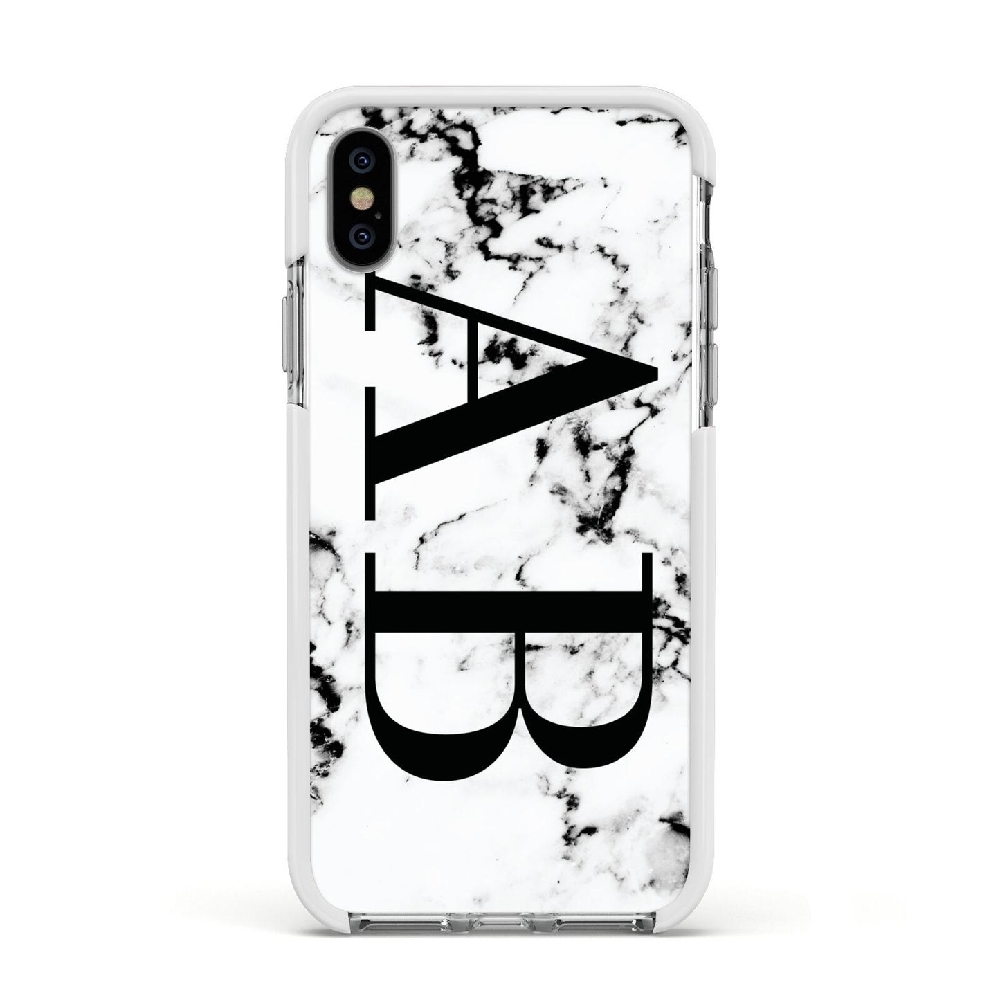 Marble Vertical Initials Personalised Apple iPhone Xs Impact Case White Edge on Silver Phone