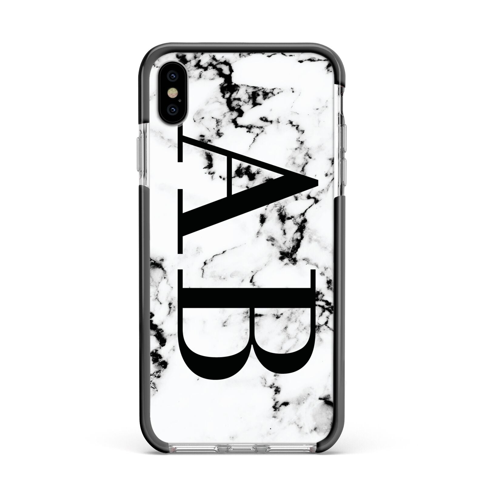 Marble Vertical Initials Personalised Apple iPhone Xs Max Impact Case Black Edge on Silver Phone