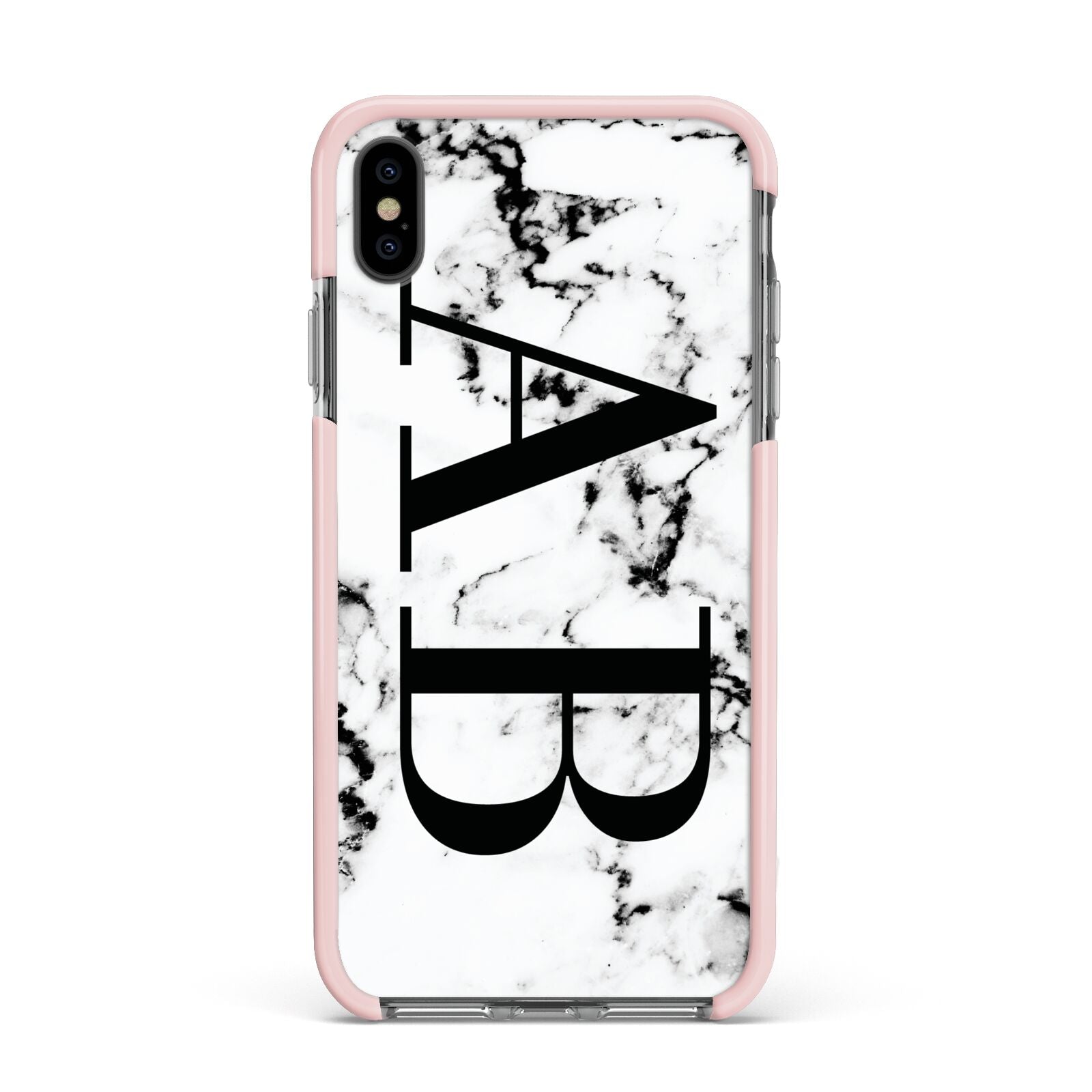 Marble Vertical Initials Personalised Apple iPhone Xs Max Impact Case Pink Edge on Black Phone