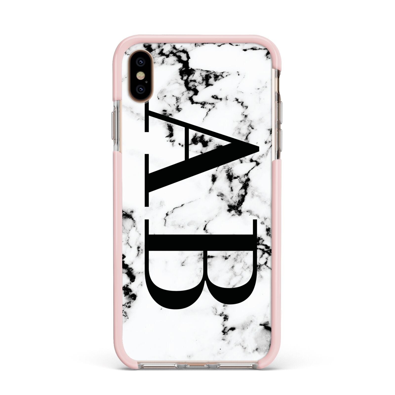 Marble Vertical Initials Personalised Apple iPhone Xs Max Impact Case Pink Edge on Gold Phone