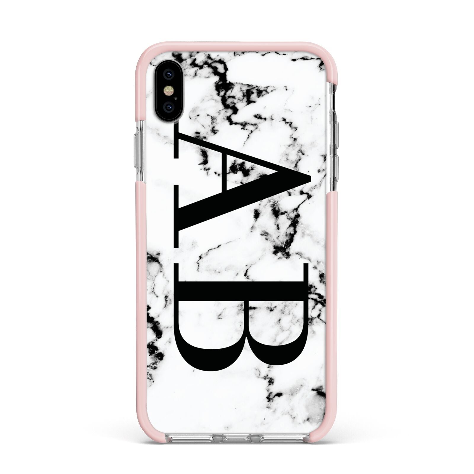 Marble Vertical Initials Personalised Apple iPhone Xs Max Impact Case Pink Edge on Silver Phone