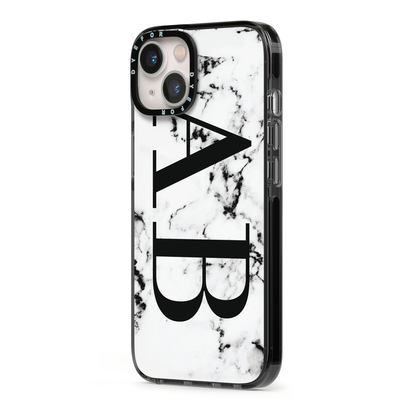 Marble Vertical Initials Personalised iPhone 13 Black Impact Case Side Angle on Silver phone