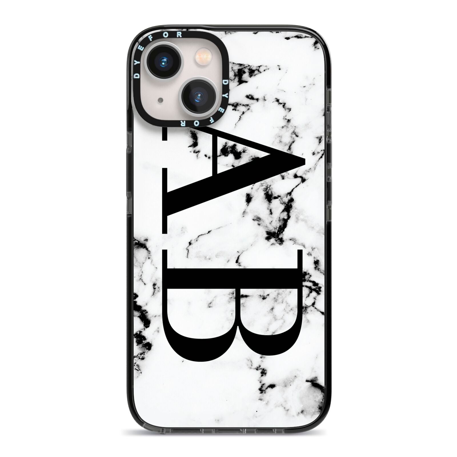 Marble Vertical Initials Personalised iPhone 13 Black Impact Case on Silver phone