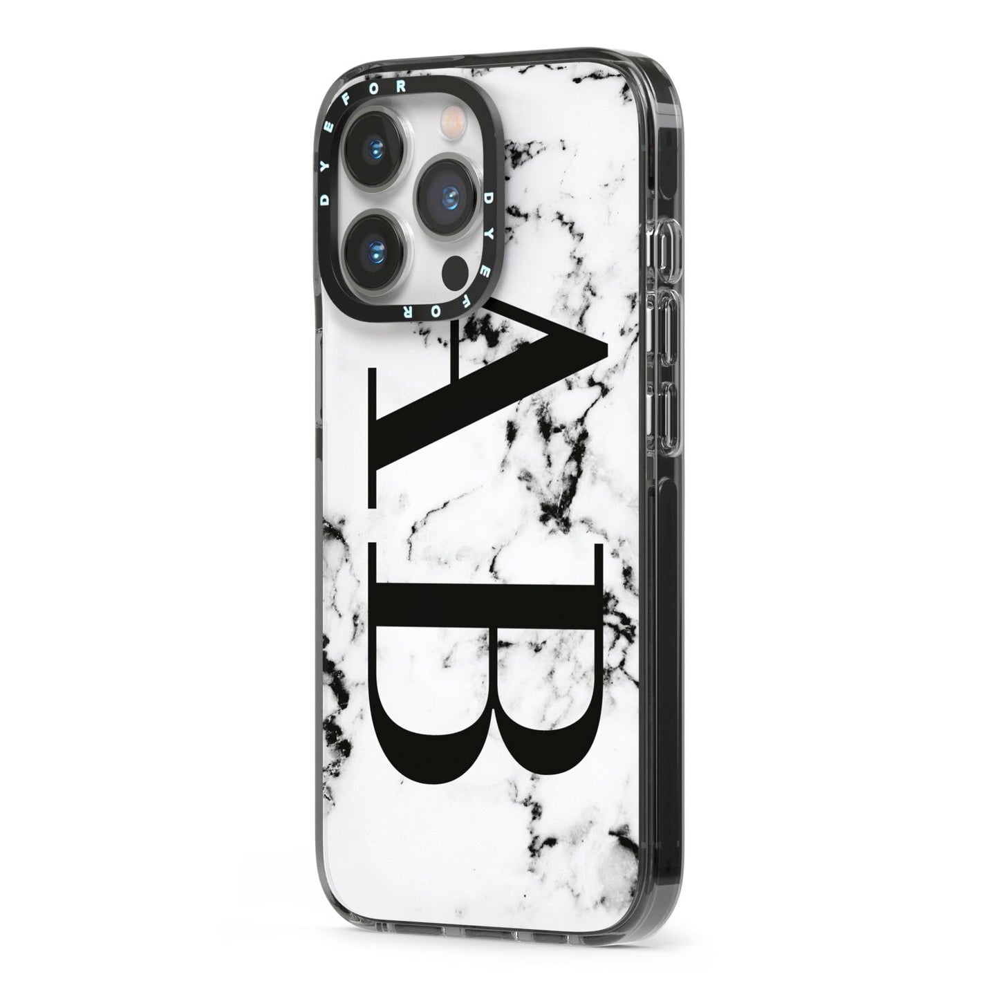 Marble Vertical Initials Personalised iPhone 13 Pro Black Impact Case Side Angle on Silver phone
