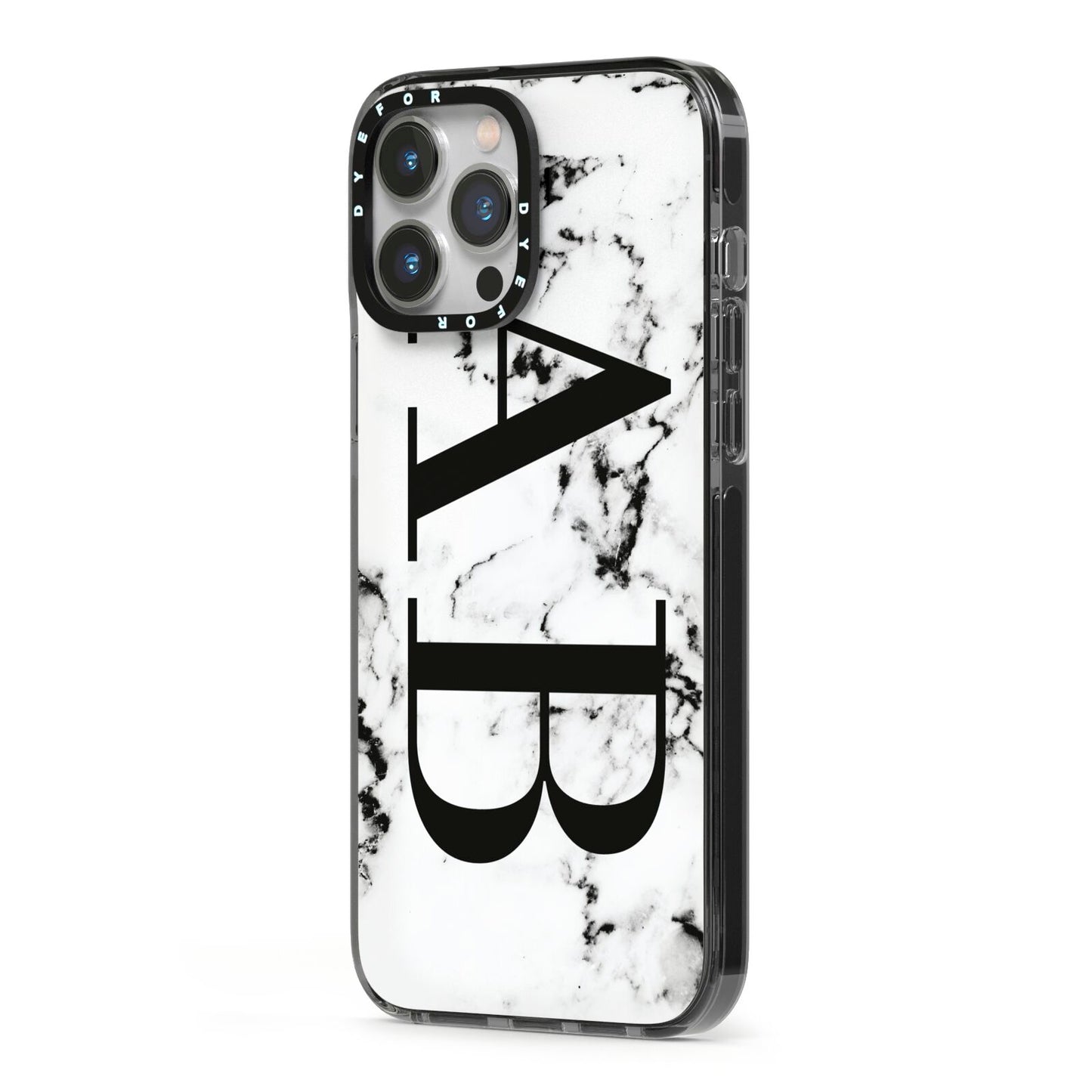 Marble Vertical Initials Personalised iPhone 13 Pro Max Black Impact Case Side Angle on Silver phone