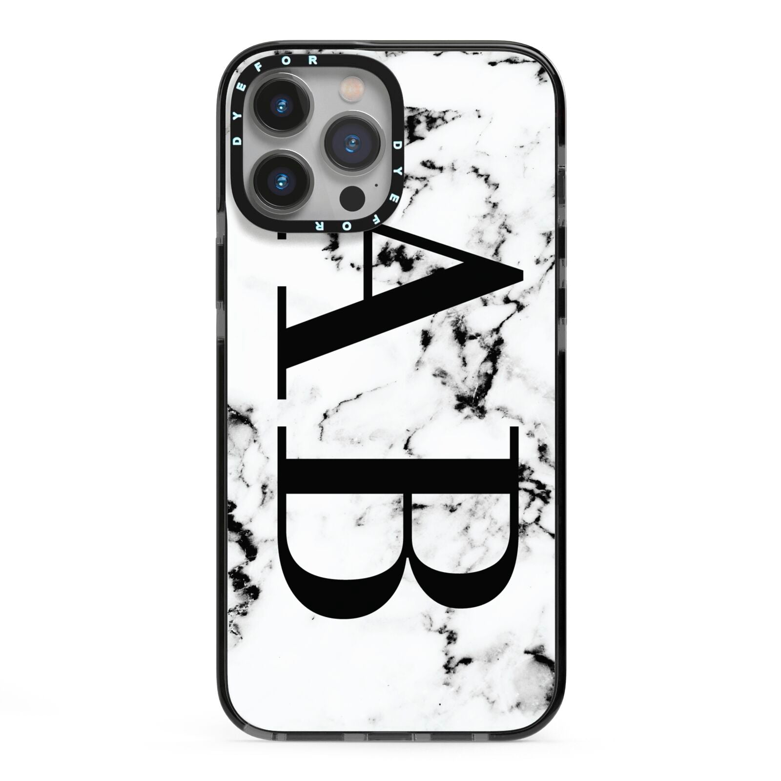 Marble Vertical Initials Personalised iPhone 13 Pro Max Black Impact Case on Silver phone
