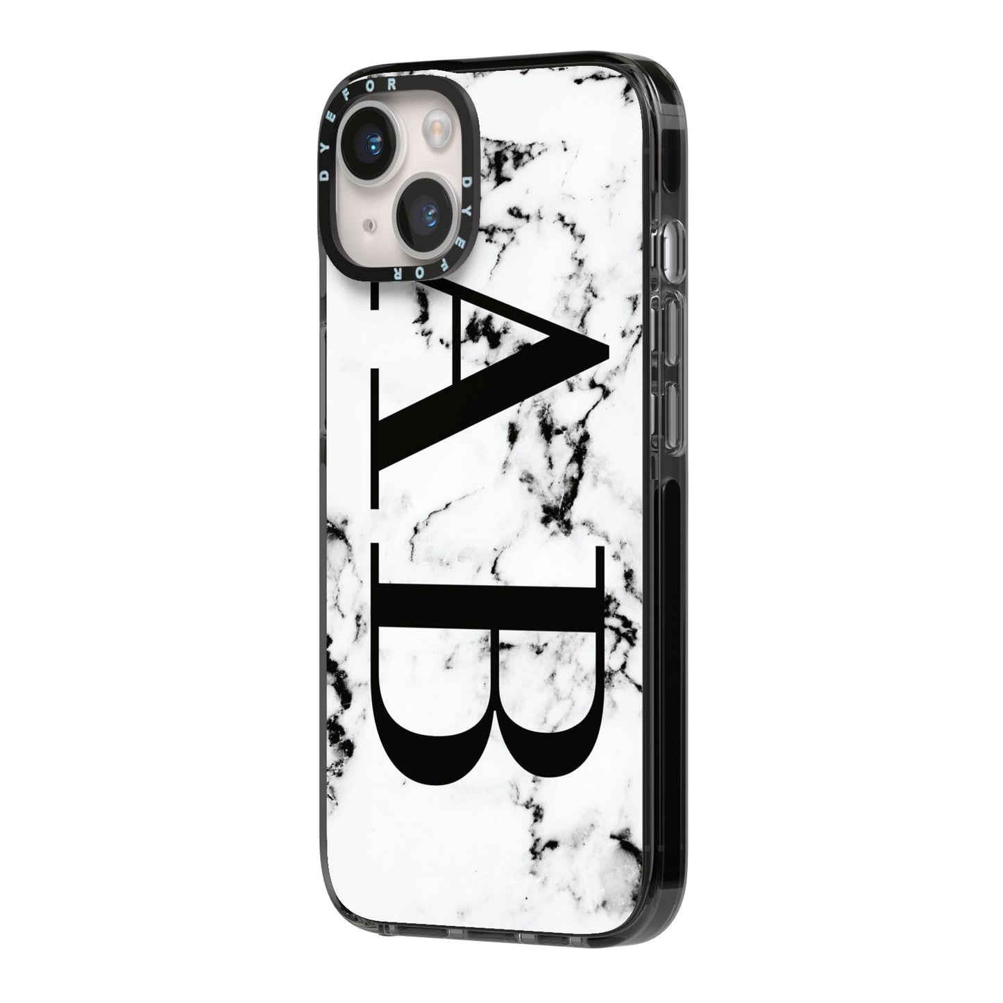 Marble Vertical Initials Personalised iPhone 14 Black Impact Case Side Angle on Silver phone