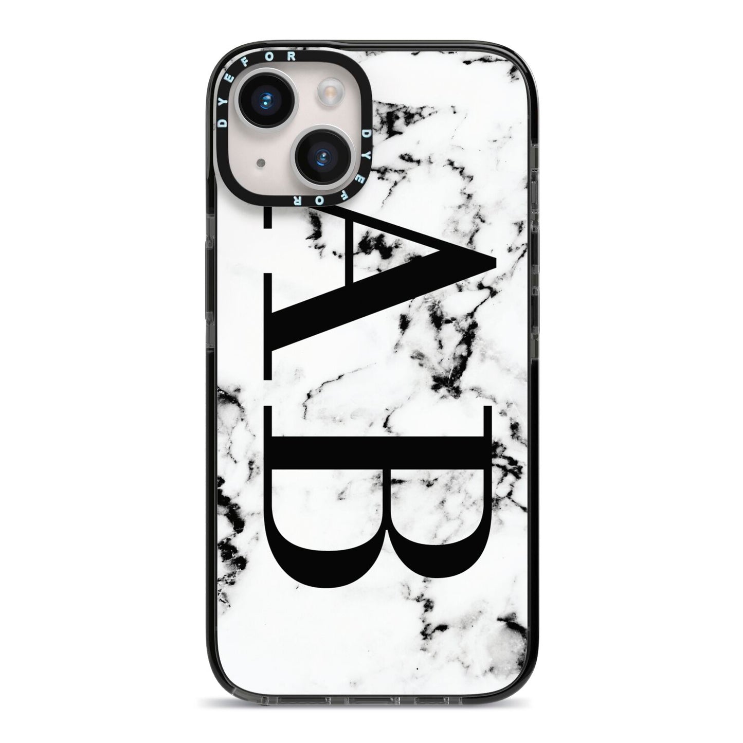 Marble Vertical Initials Personalised iPhone 14 Black Impact Case on Silver phone