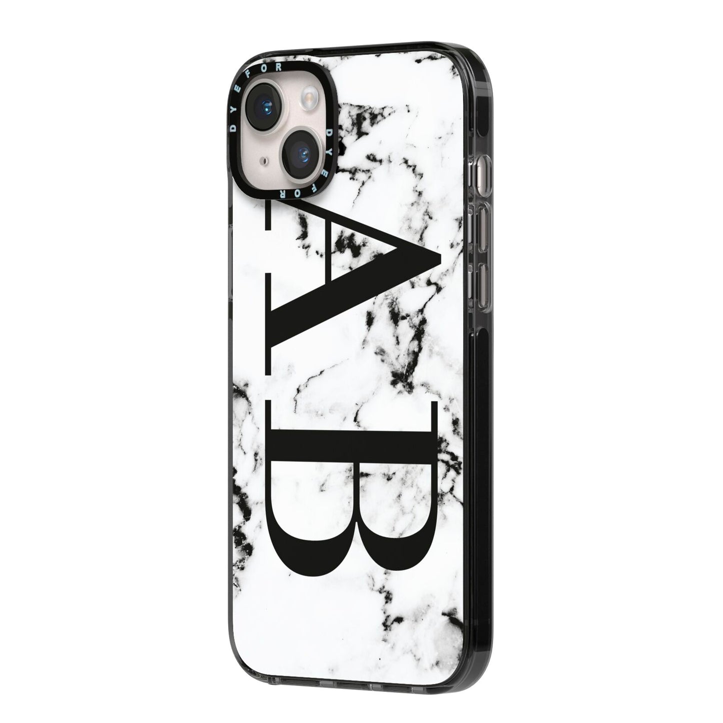 Marble Vertical Initials Personalised iPhone 14 Plus Black Impact Case Side Angle on Silver phone