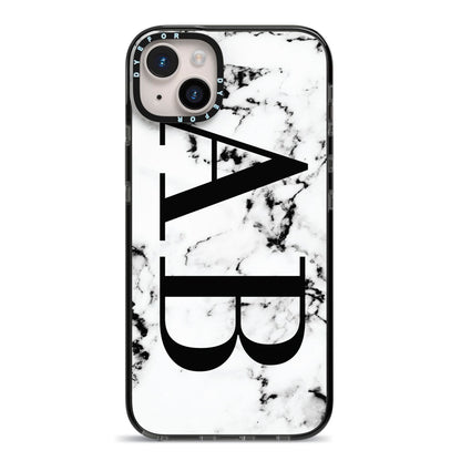 Marble Vertical Initials Personalised iPhone 14 Plus Black Impact Case on Silver phone
