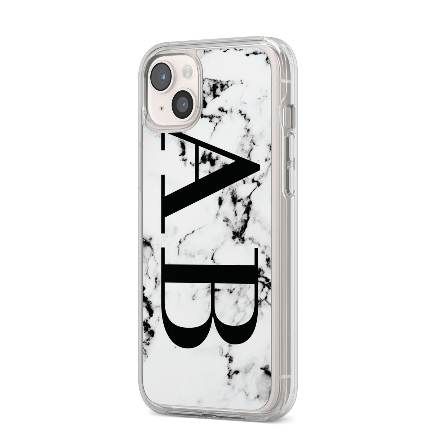 Marble Vertical Initials Personalised iPhone 14 Plus Clear Tough Case Starlight Angled Image