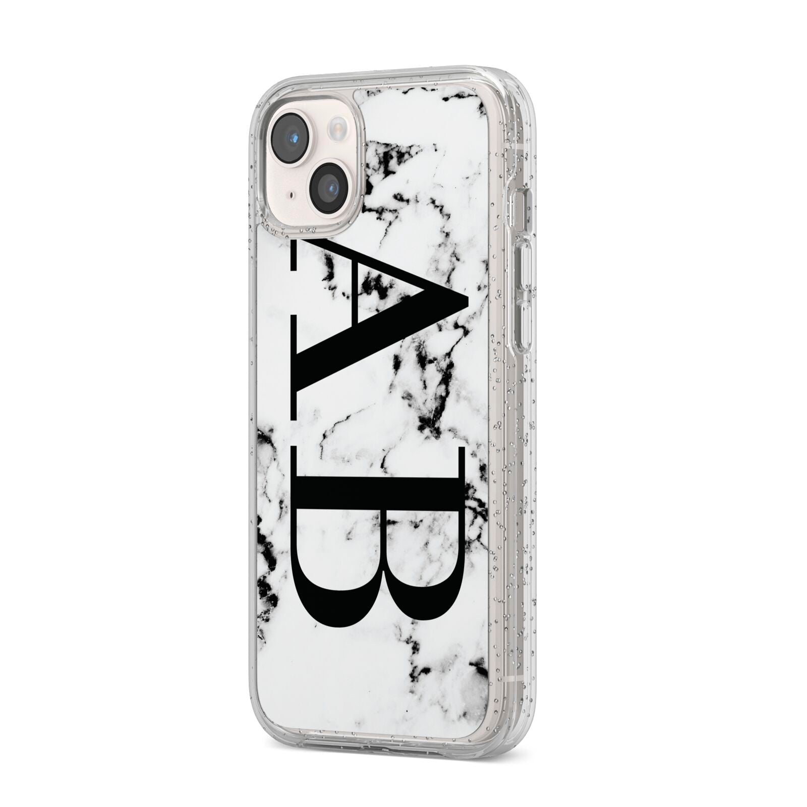 Marble Vertical Initials Personalised iPhone 14 Plus Glitter Tough Case Starlight Angled Image