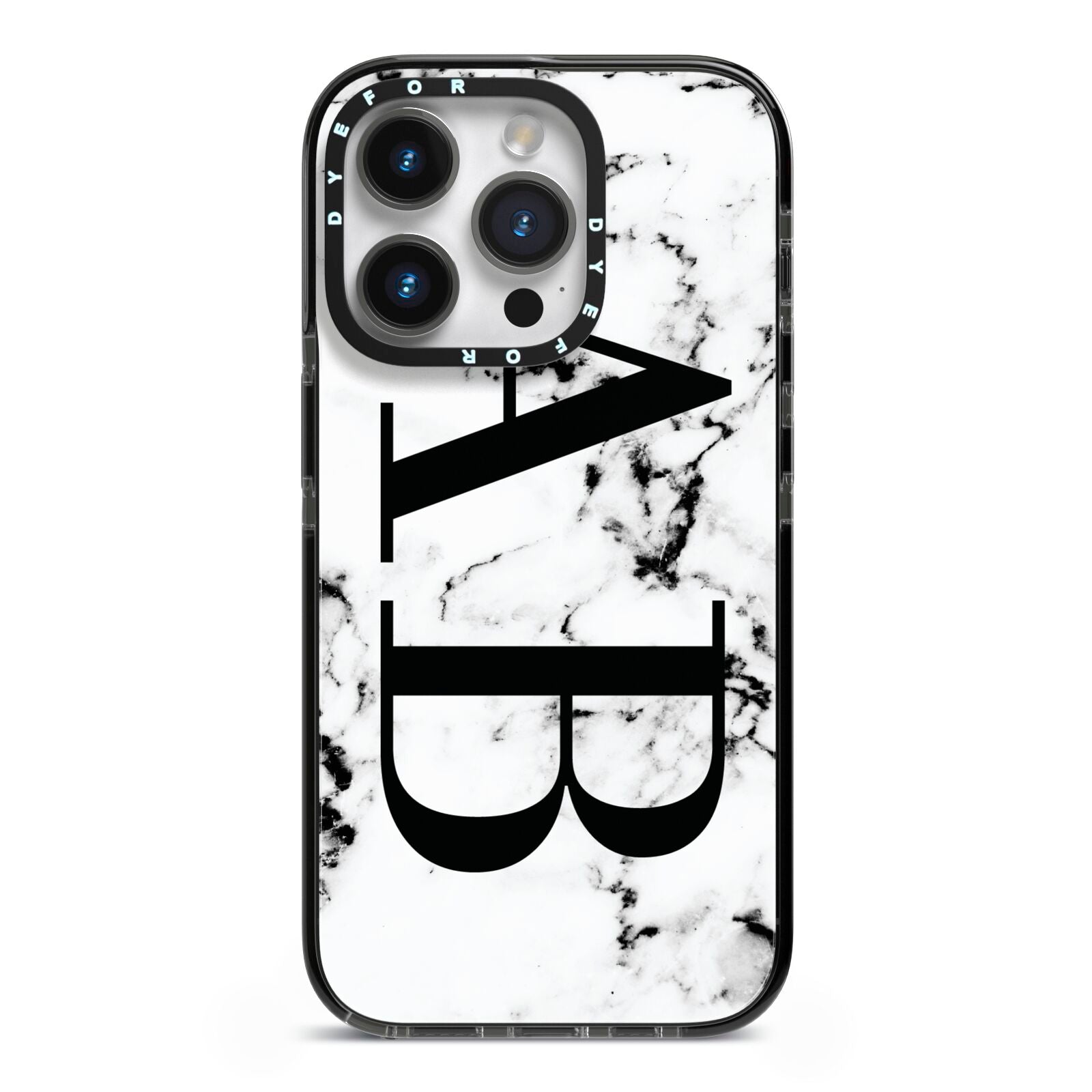 Marble Vertical Initials Personalised iPhone 14 Pro Black Impact Case on Silver phone