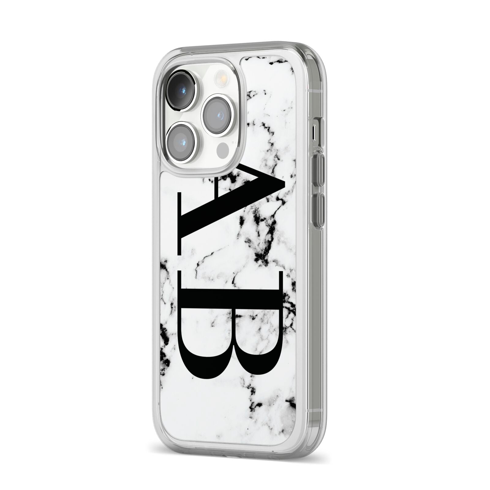 Marble Vertical Initials Personalised iPhone 14 Pro Clear Tough Case Silver Angled Image