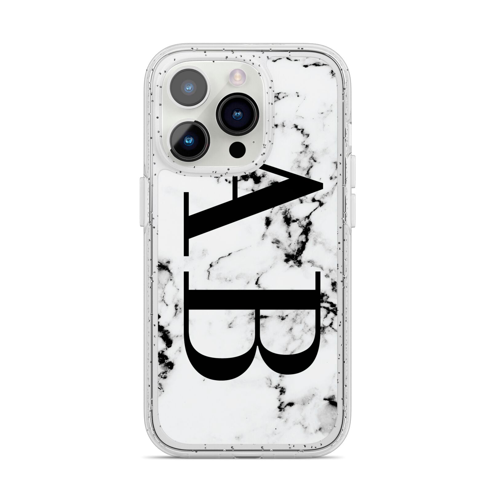 Marble Vertical Initials Personalised iPhone 14 Pro Glitter Tough Case Silver