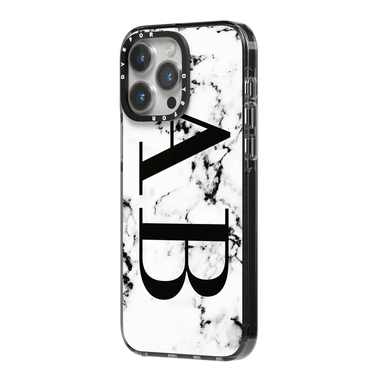 Marble Vertical Initials Personalised iPhone 14 Pro Max Black Impact Case Side Angle on Silver phone