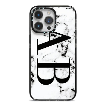 Marble Vertical Initials Personalised iPhone 14 Pro Max Black Impact Case on Silver phone
