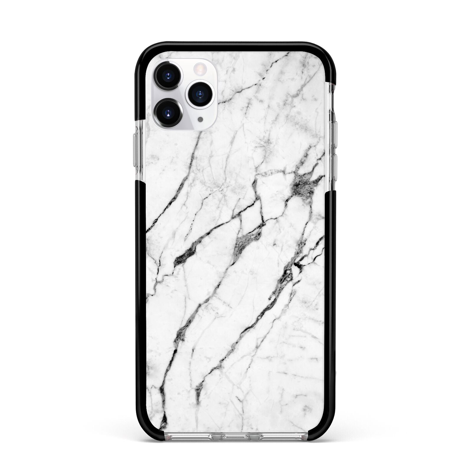 Marble White Apple iPhone 11 Pro Max in Silver with Black Impact Case