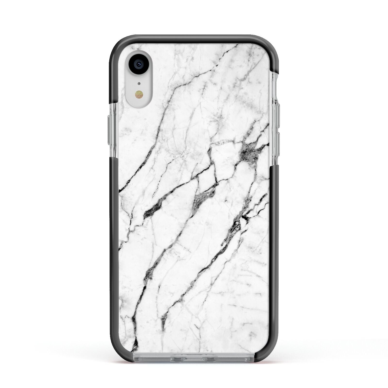 Marble White Apple iPhone XR Impact Case Black Edge on Silver Phone