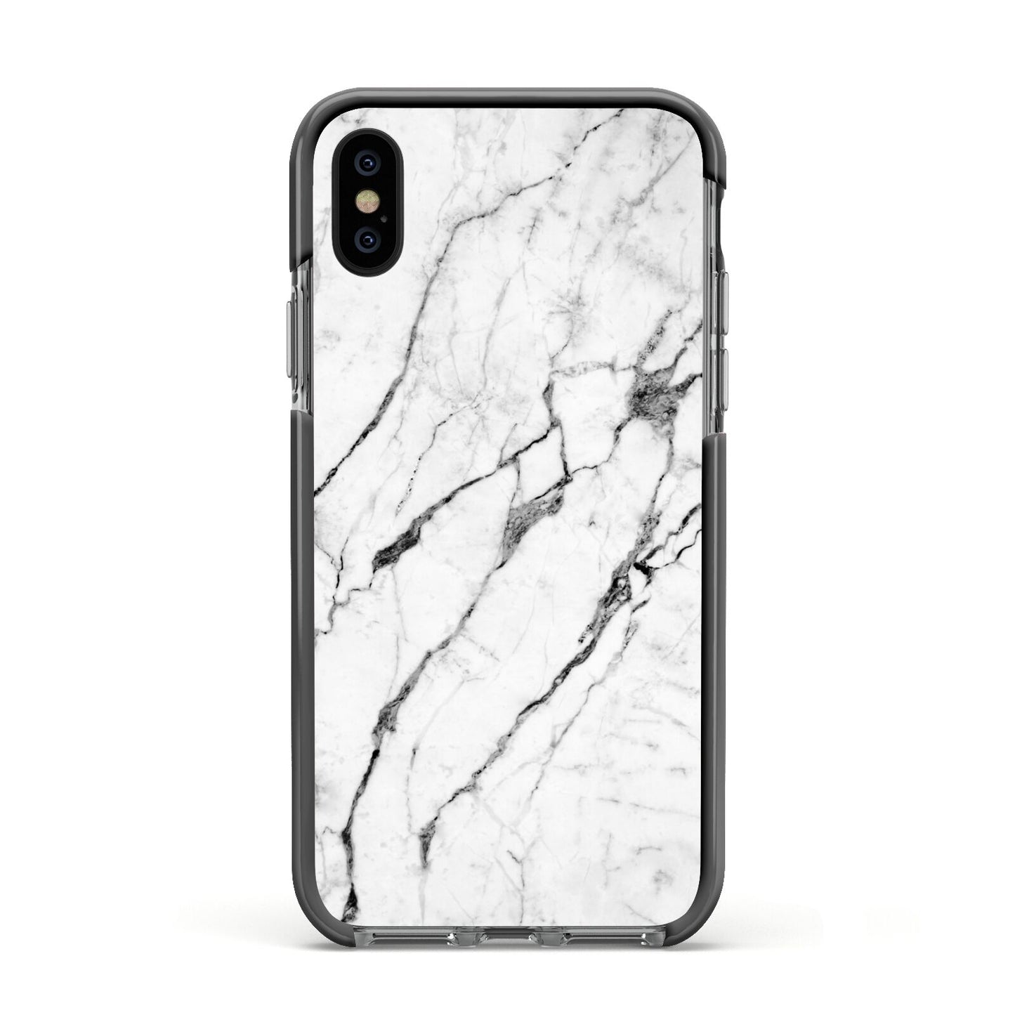 Marble White Apple iPhone Xs Impact Case Black Edge on Black Phone