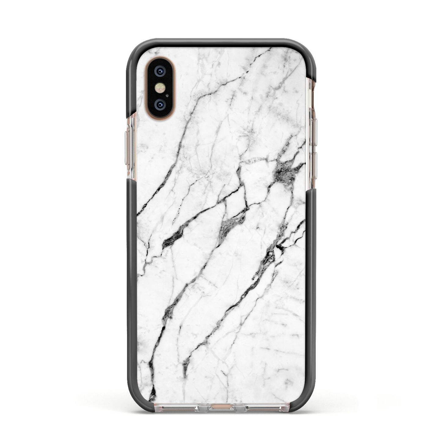 Marble White Apple iPhone Xs Impact Case Black Edge on Gold Phone