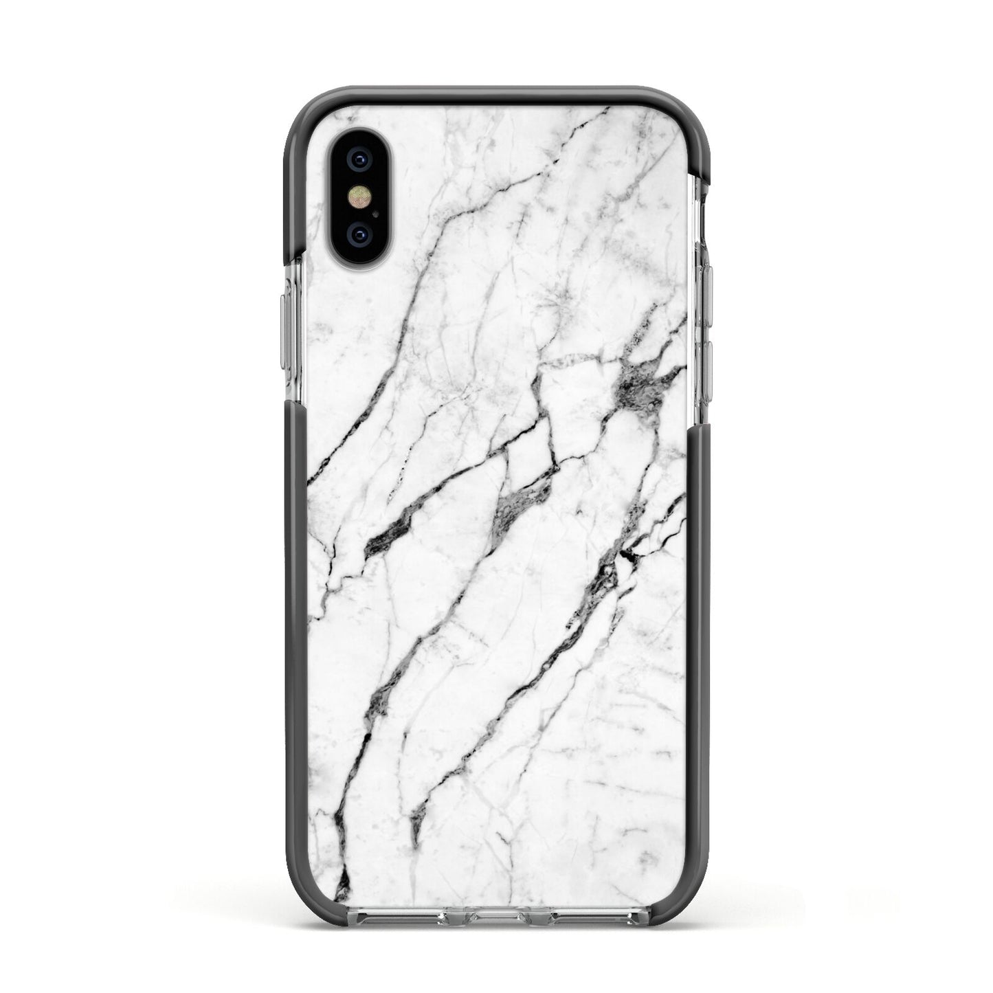 Marble White Apple iPhone Xs Impact Case Black Edge on Silver Phone