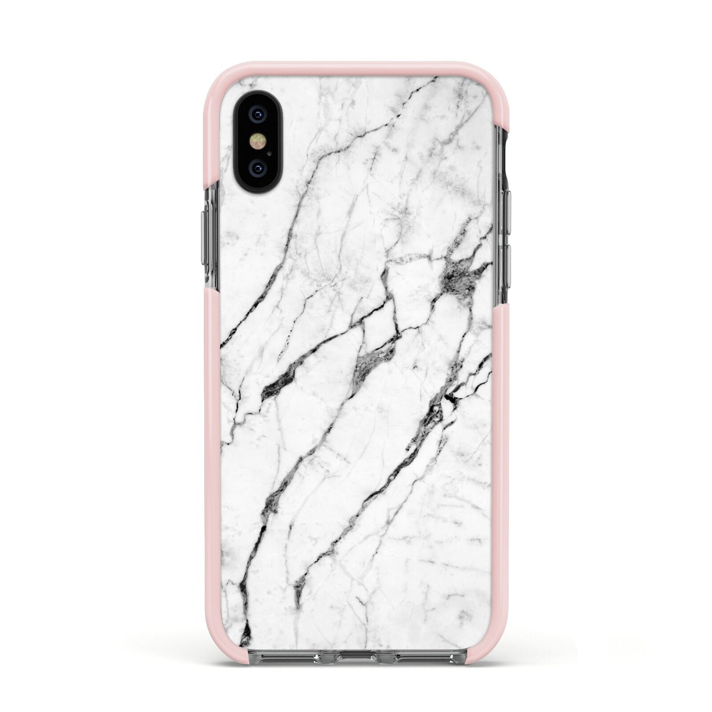Marble White Apple iPhone Xs Impact Case Pink Edge on Black Phone