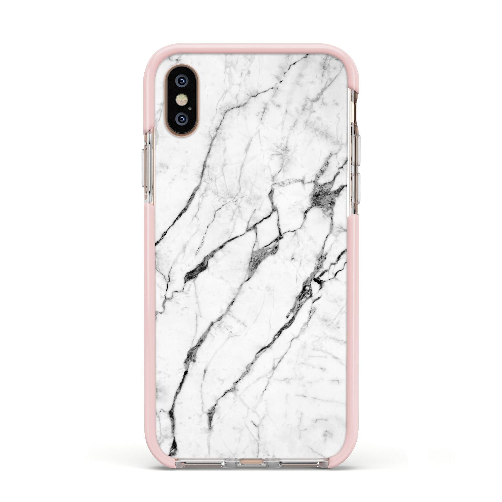 Marble White Apple iPhone Xs Impact Case Pink Edge on Gold Phone