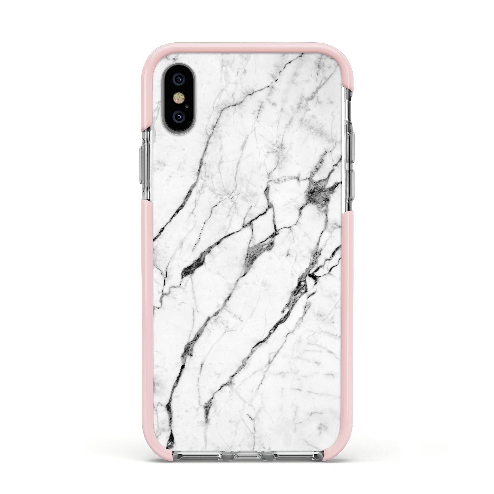 Marble White Apple iPhone Xs Impact Case Pink Edge on Silver Phone