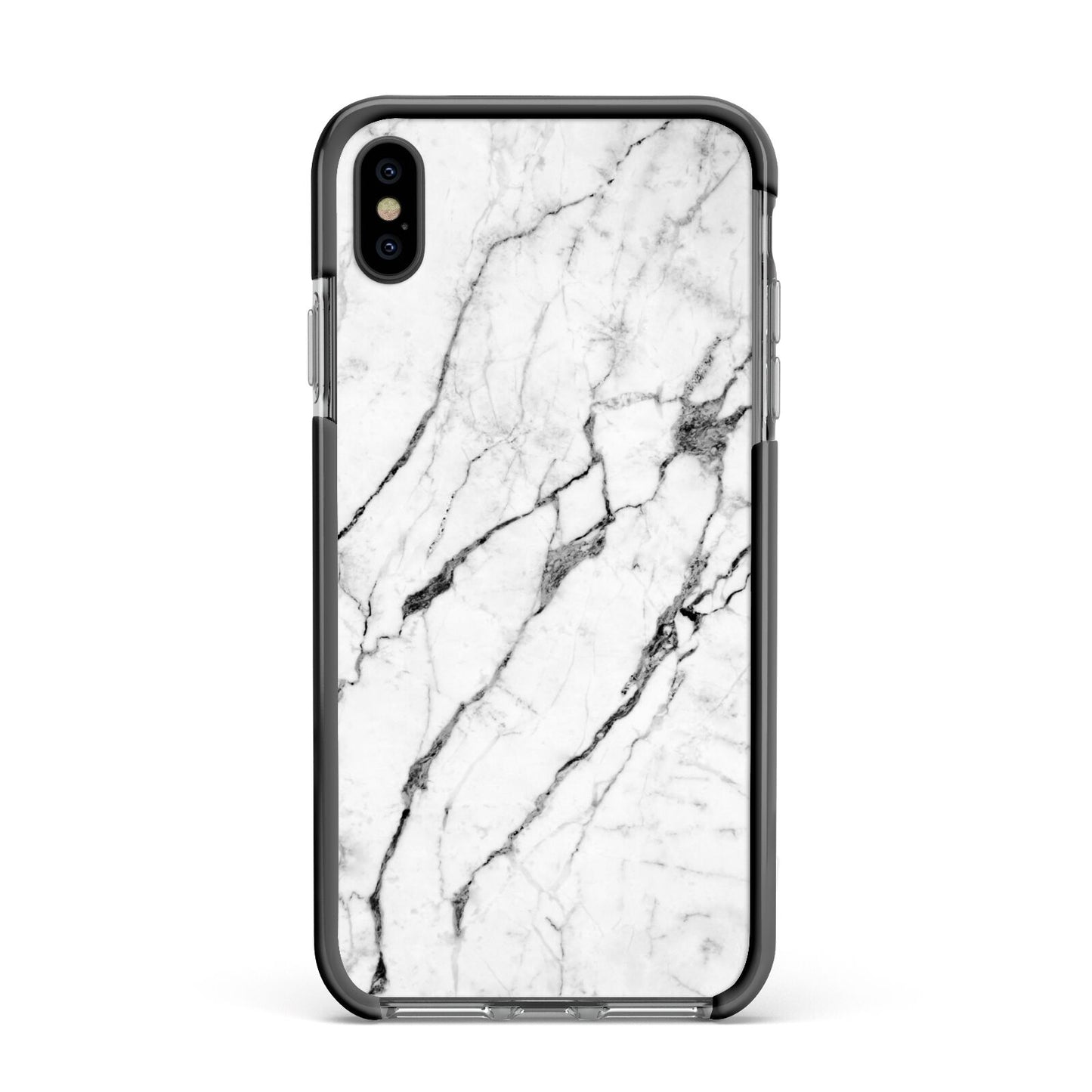 Marble White Apple iPhone Xs Max Impact Case Black Edge on Black Phone