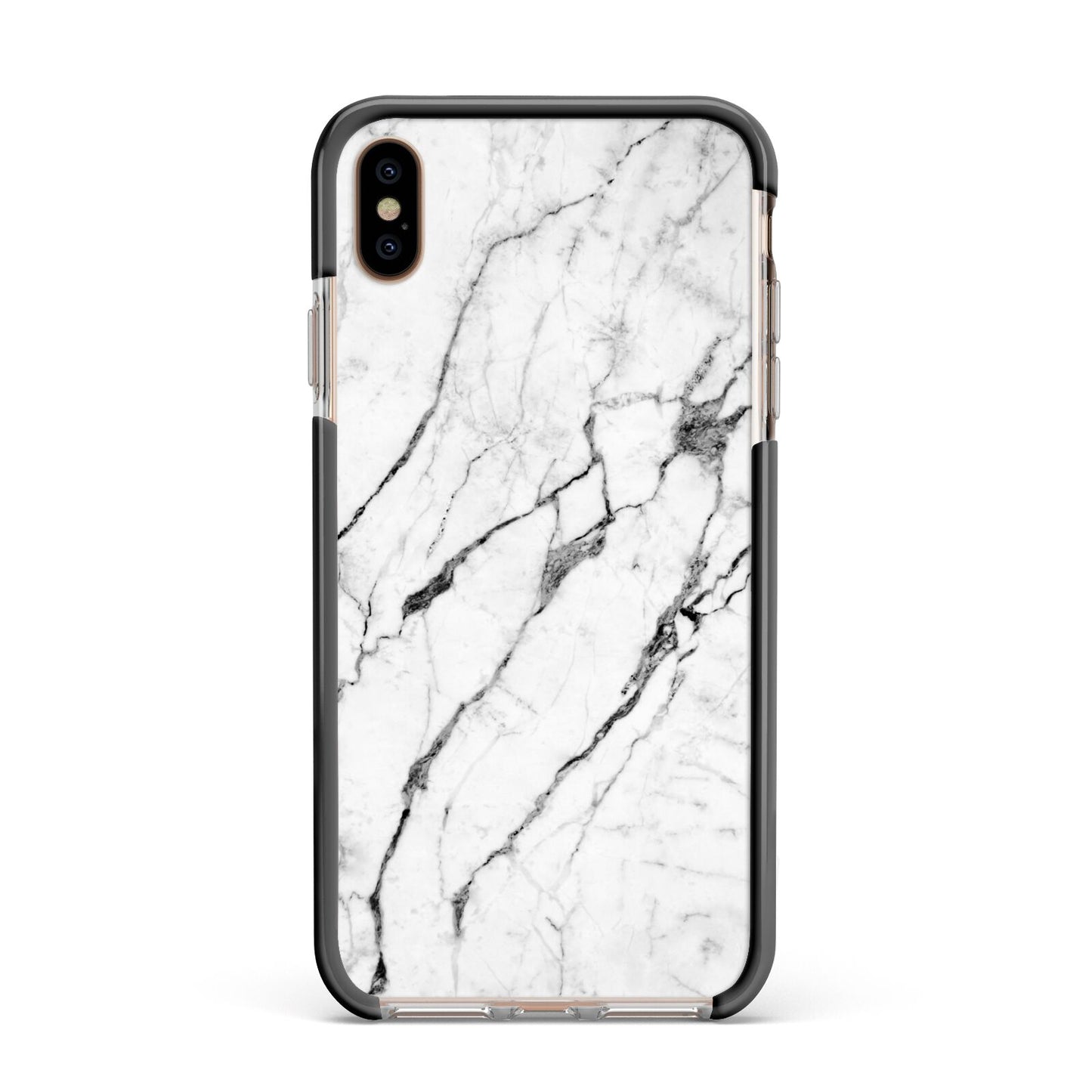 Marble White Apple iPhone Xs Max Impact Case Black Edge on Gold Phone