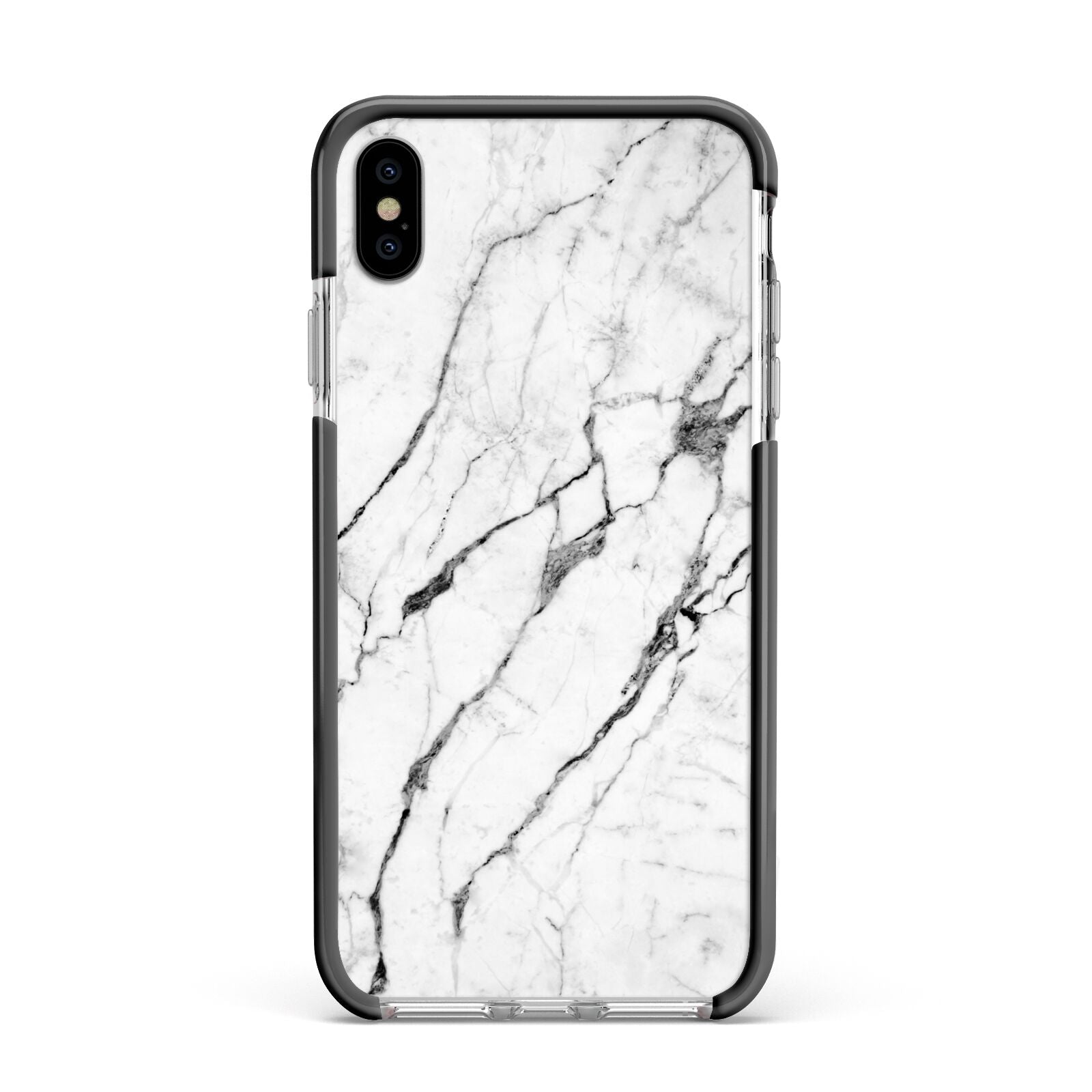 Marble White Apple iPhone Xs Max Impact Case Black Edge on Silver Phone