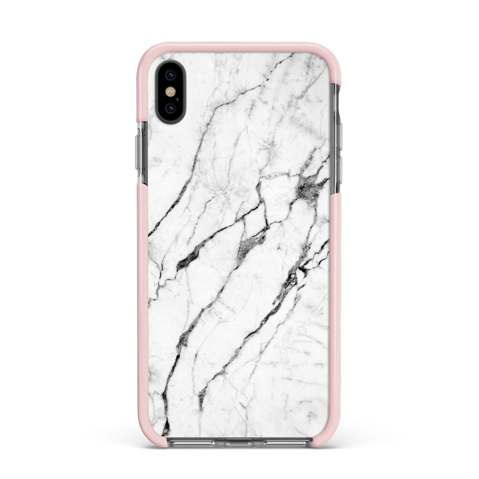 Marble White Apple iPhone Xs Max Impact Case Pink Edge on Black Phone