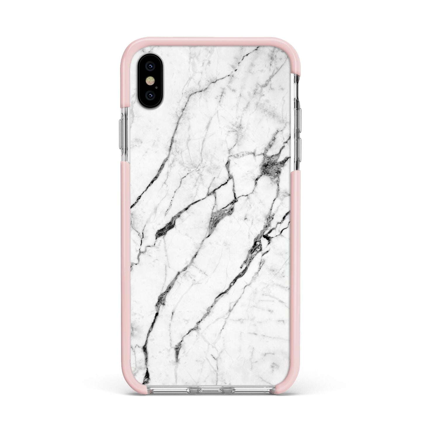 Marble White Apple iPhone Xs Max Impact Case Pink Edge on Silver Phone