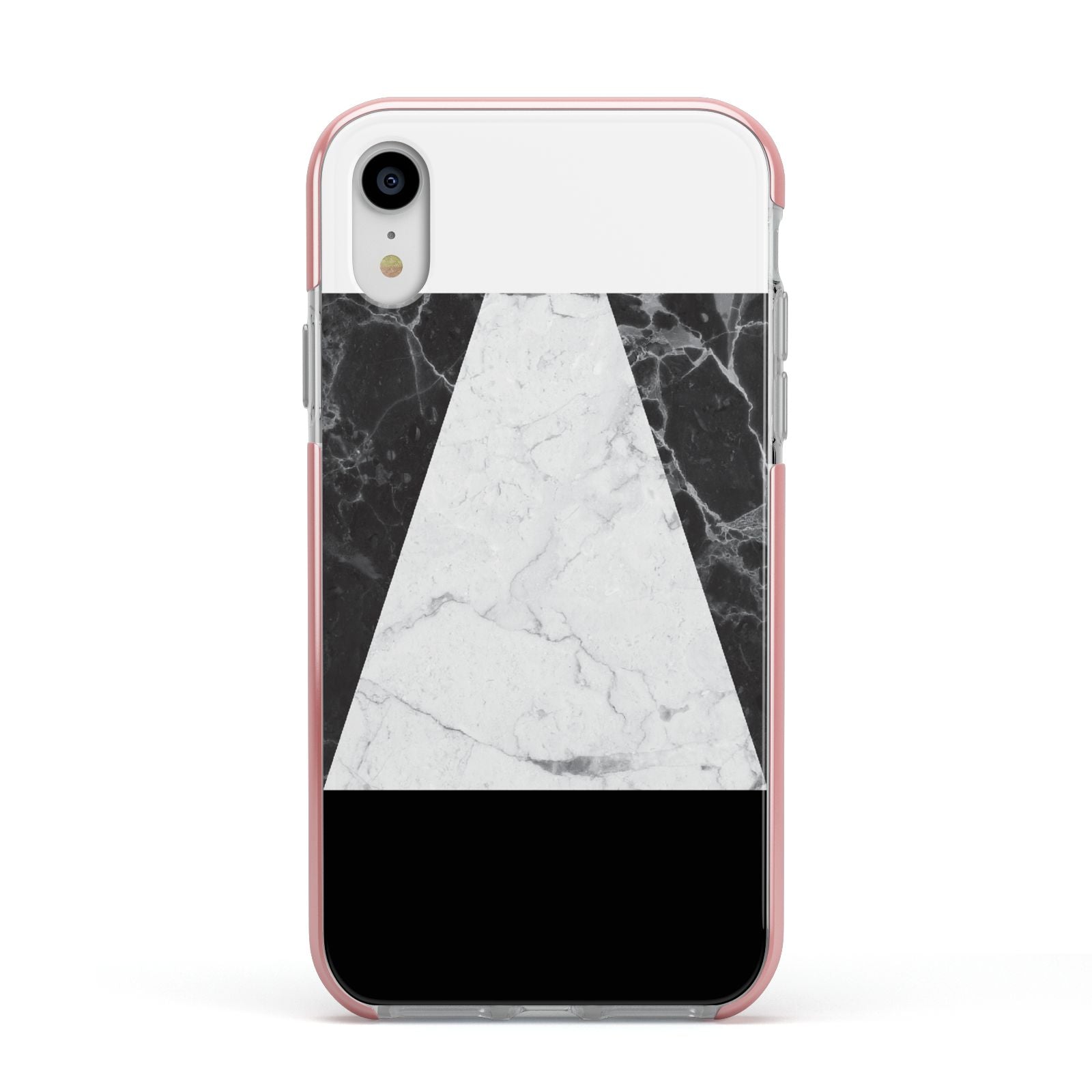 Marble White Black Apple iPhone XR Impact Case Pink Edge on Silver Phone