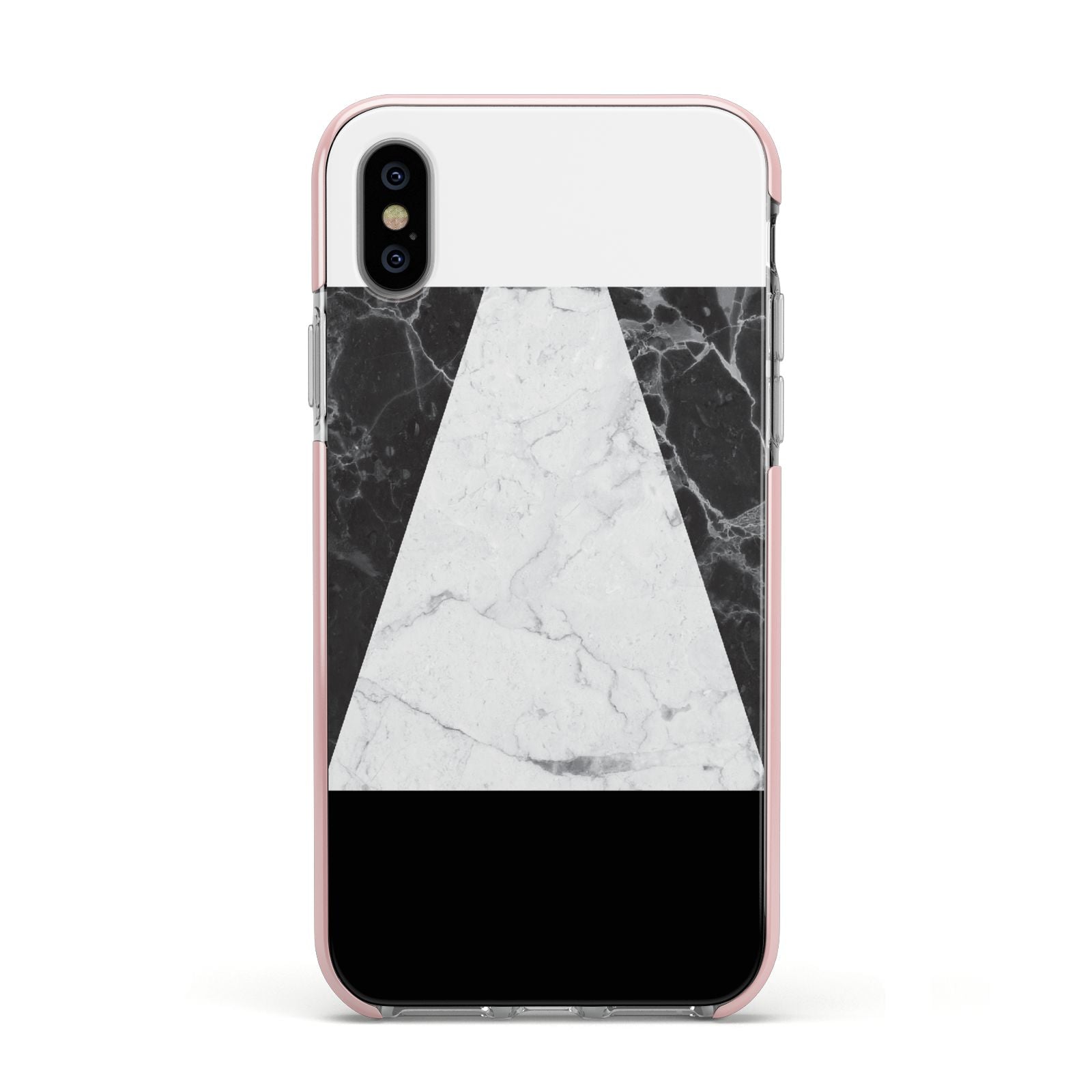 Marble White Black Apple iPhone Xs Impact Case Pink Edge on Silver Phone