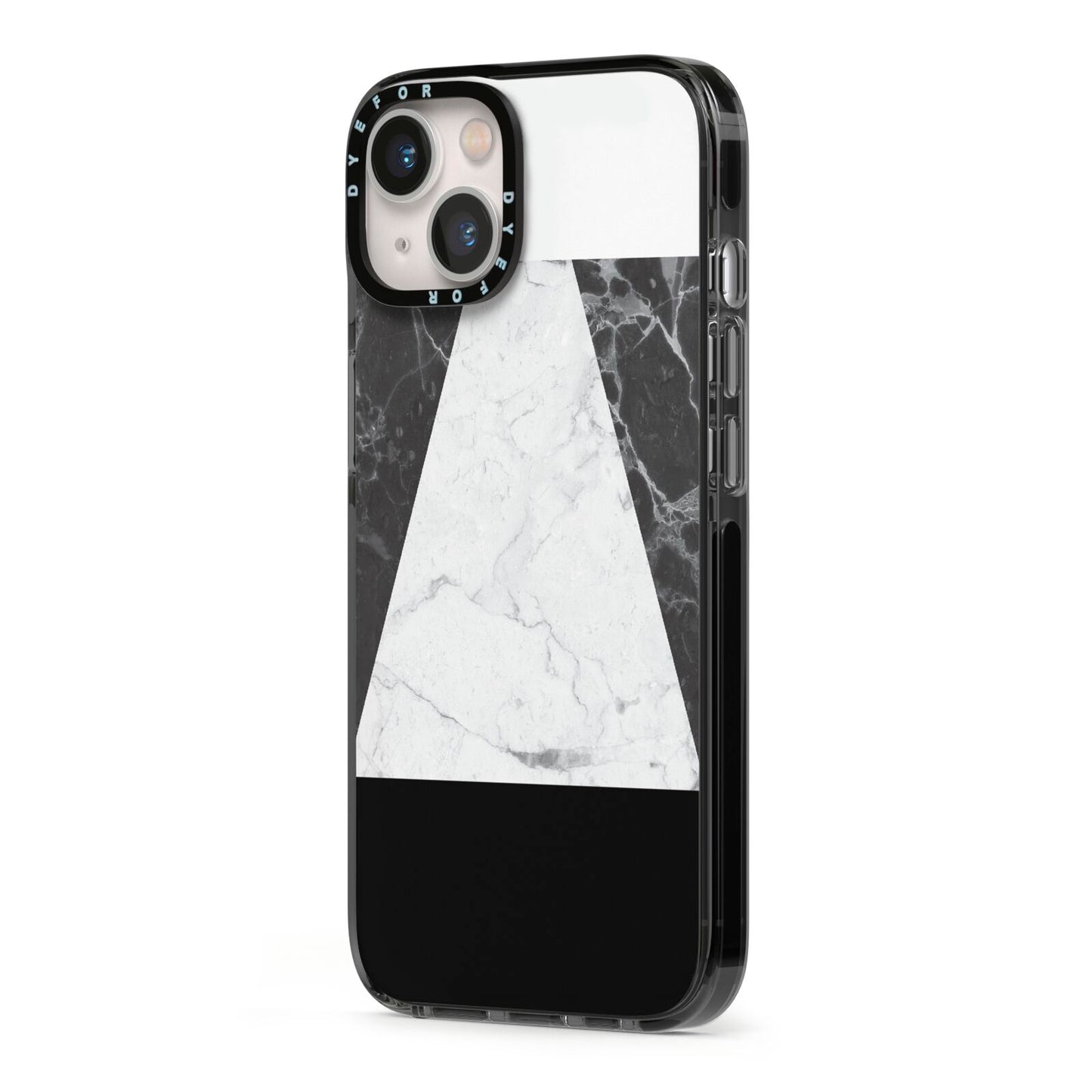 Marble White Black iPhone 13 Black Impact Case Side Angle on Silver phone